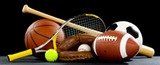 A variety of sports equipment on a black background including an american football, a soccer ball, a baseball, a baseball bat, a tennis raquet, a tennis ball, and a basketball Haveayardsale Aqua Net Solutions LLC, PO Box 1098 