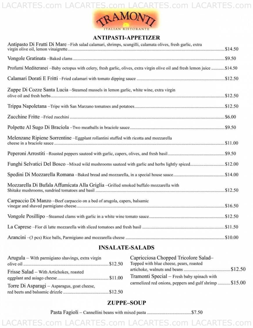  Pricelists of Tramonti Italian Restaurant - FL 119 E. Atlantic Avenue - Photo 1 of 9