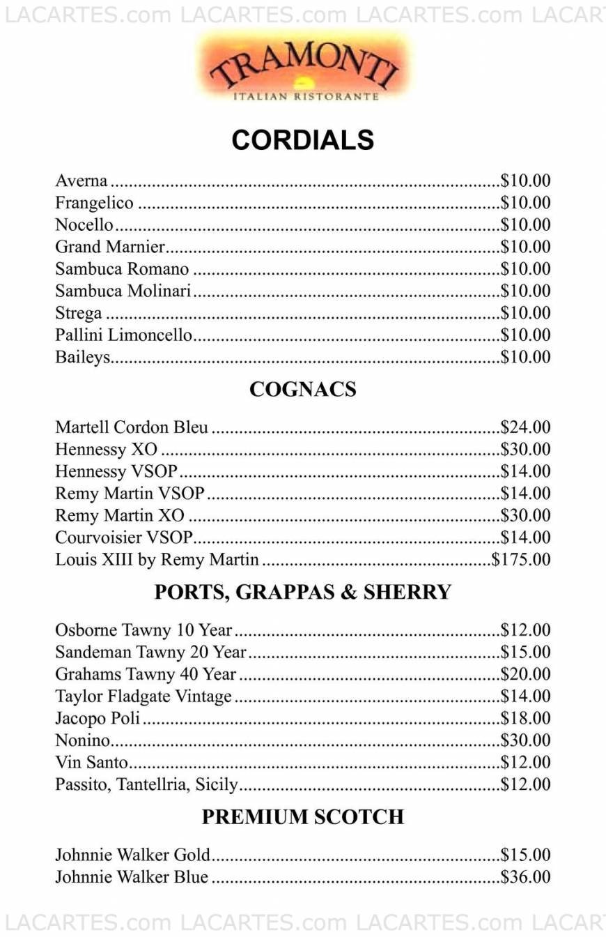  Pricelists of Tramonti Italian Restaurant - FL 119 E. Atlantic Avenue - Photo 2 of 9
