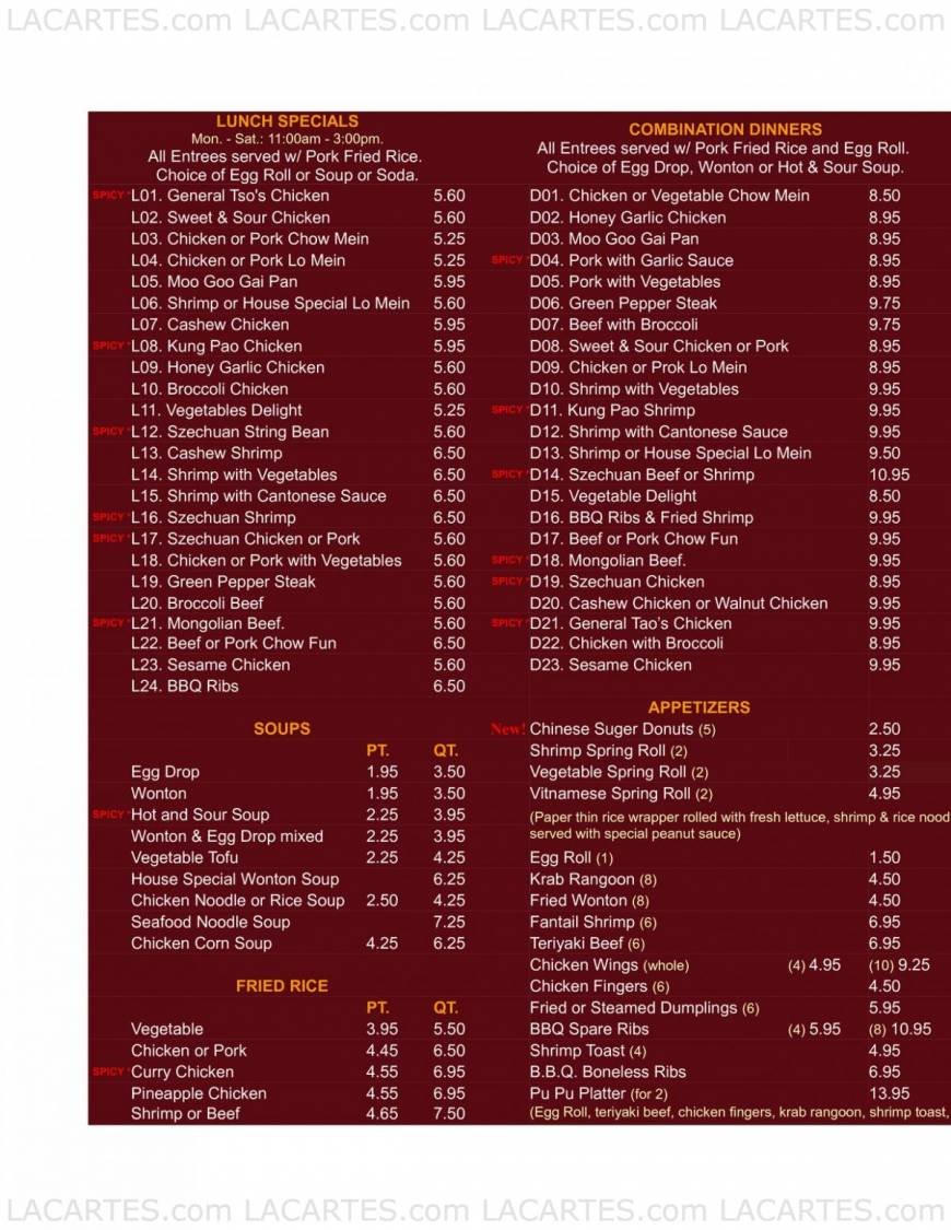  Pricelists of Feng Lin Chinese Restaurant - FL 1561 S. Congress Ave. - Photo 1 of 3