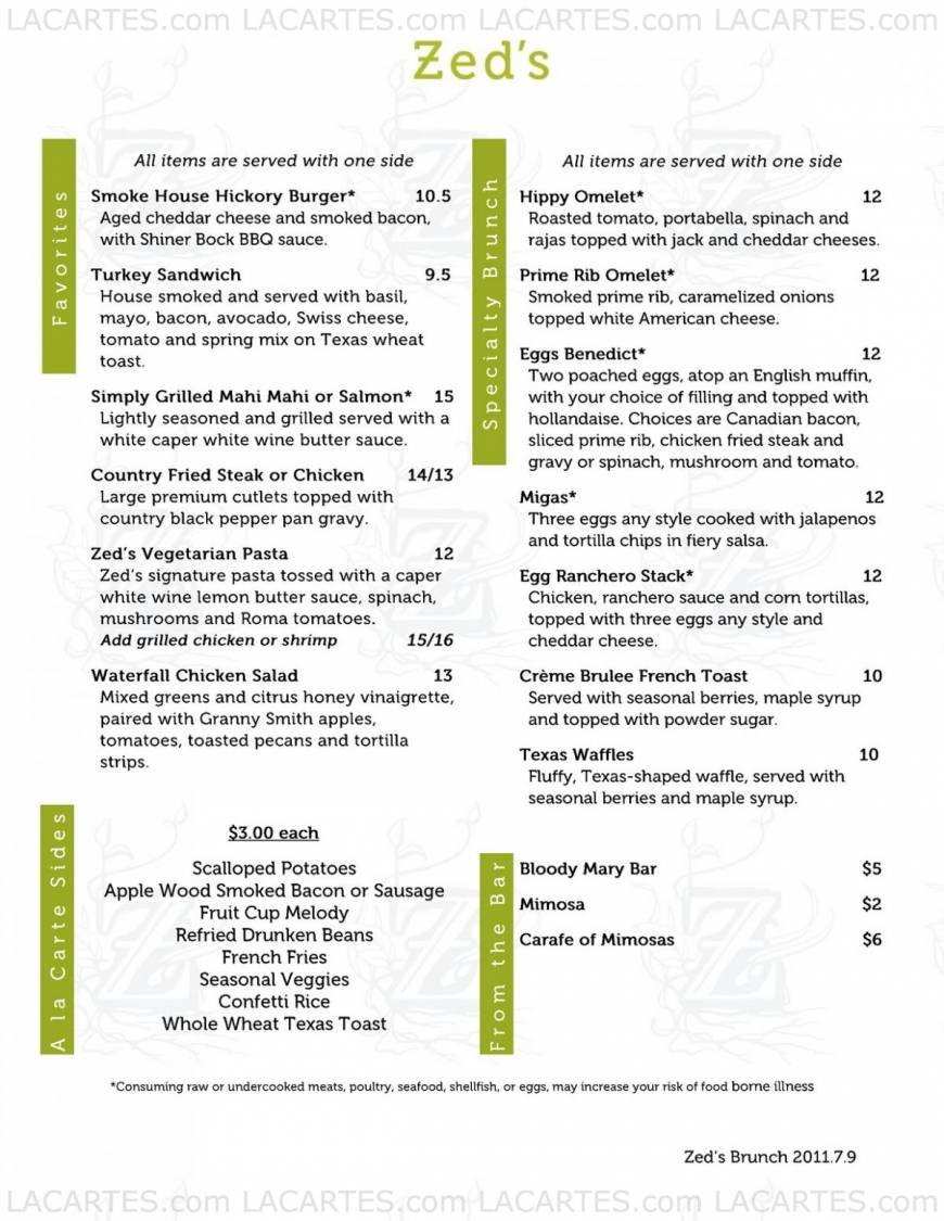  Pricelists of Zed's Restaurant 501 Canyon Ridge Dr. - Photo 1 of 16
