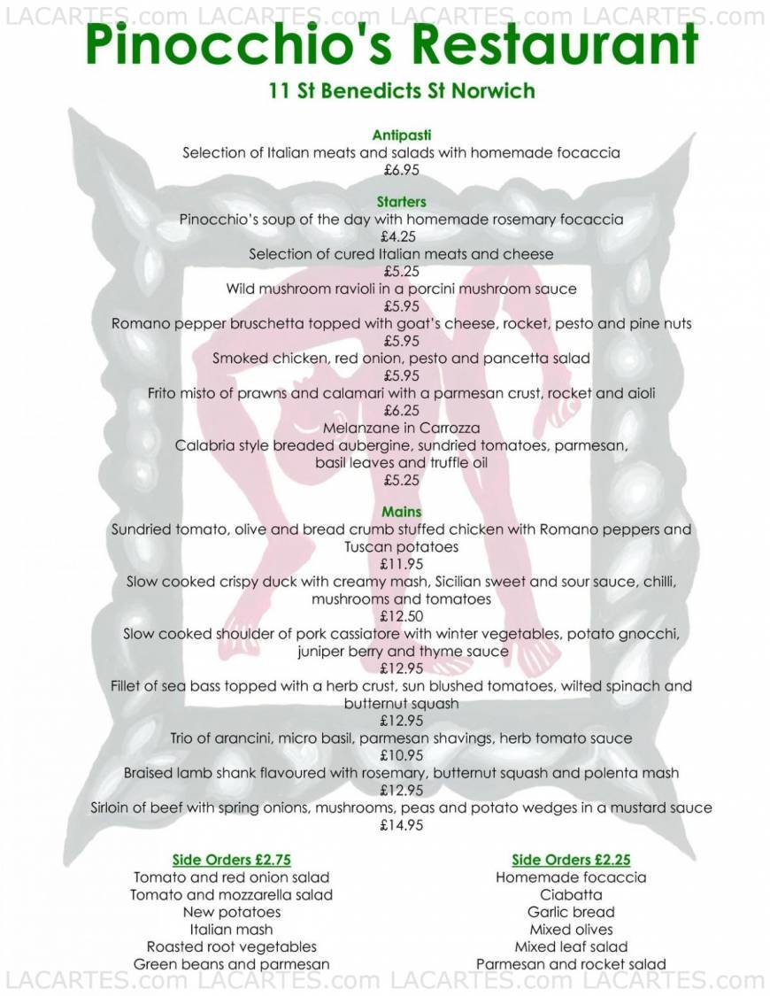  Pricelists of Pinocchios Restaurant 11 St Benedicts St  - Photo 8 of 11