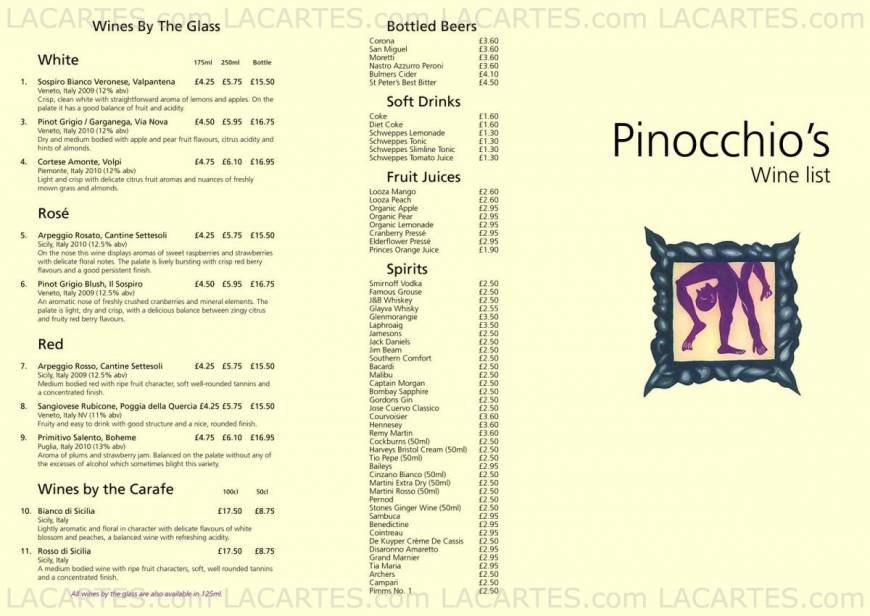  Pricelists of Pinocchios Restaurant 11 St Benedicts St  - Photo 2 of 11