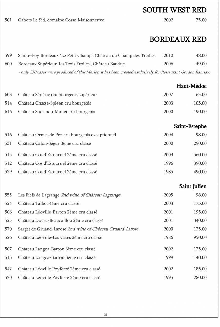  Pricelists of Restaurant Gordon Ramsay 68 Royal Hospital Road - Photo 2 of 39