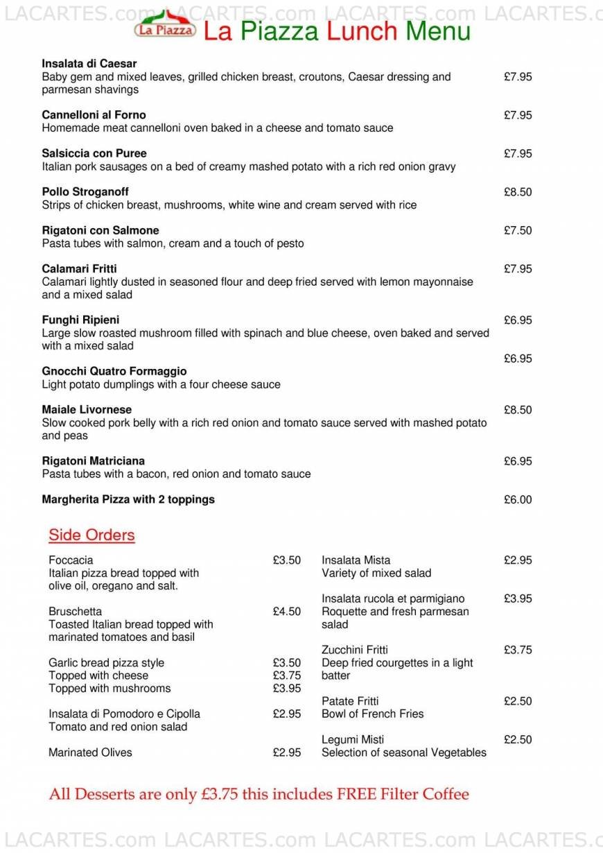  Pricelists of La Piazza Italian Restaurant and Pizzeria 42-44 Rayne Road  - Photo 1 of 13