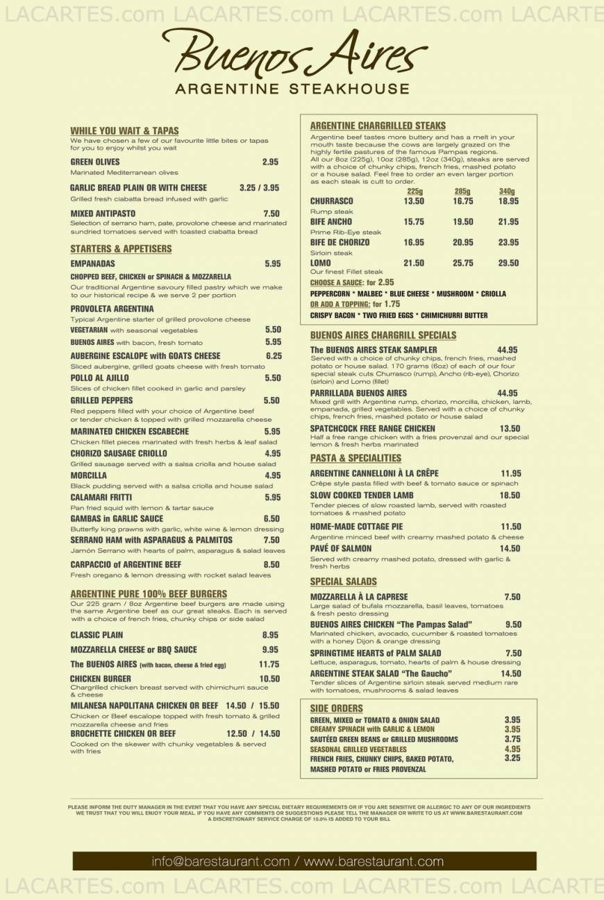  Pricelists of Buenos Aires Restaurant 63 High Street   - Photo 1 of 8