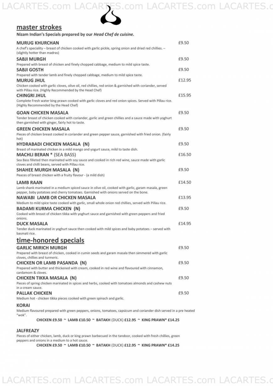  Pricelists of Nizam Indian Restaurant 42 - 44 High Street - Photo 2 of 10