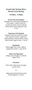 Menus & Prices, Frank's Bar, Norwich