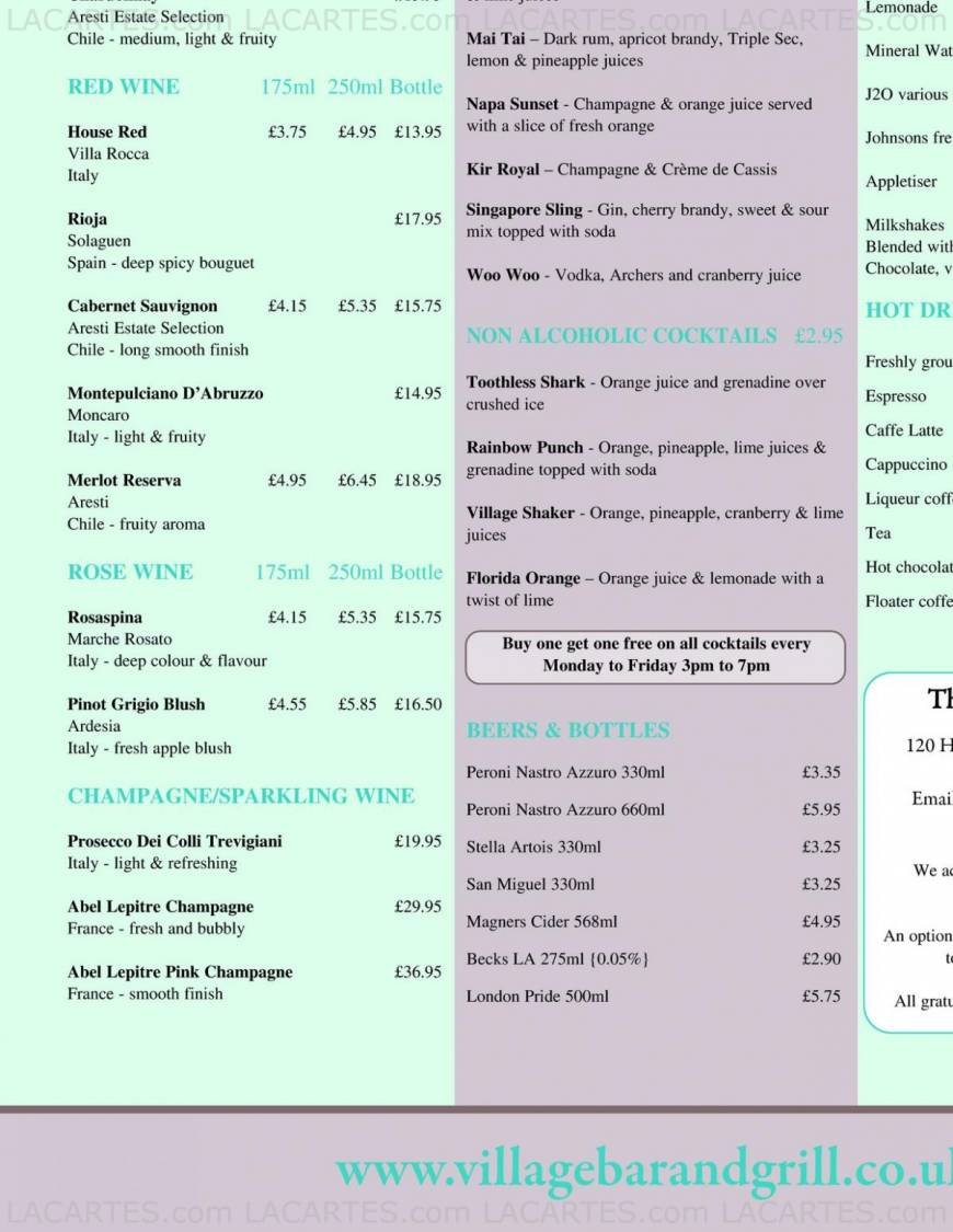  Pricelists of The Village Bar and Grill Billericay 120 High Street - Photo 2 of 8