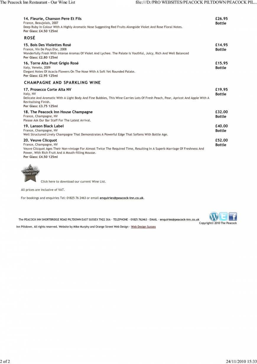  Pricelists of The Peacock Inn Piltdown East Sussex SHORTBRIDGE ROAD   - Photo 4 of 4