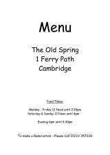 Menus & Prices, The Old Spring, Cambridge