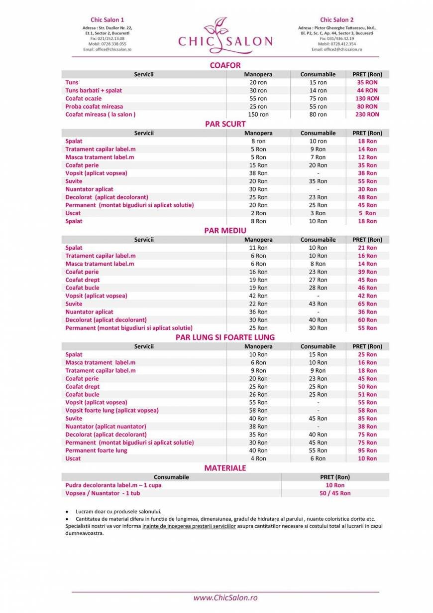  Pricelists of Chic Salon Duzilor, nr 22, sector 2 - Photo 1 of 13