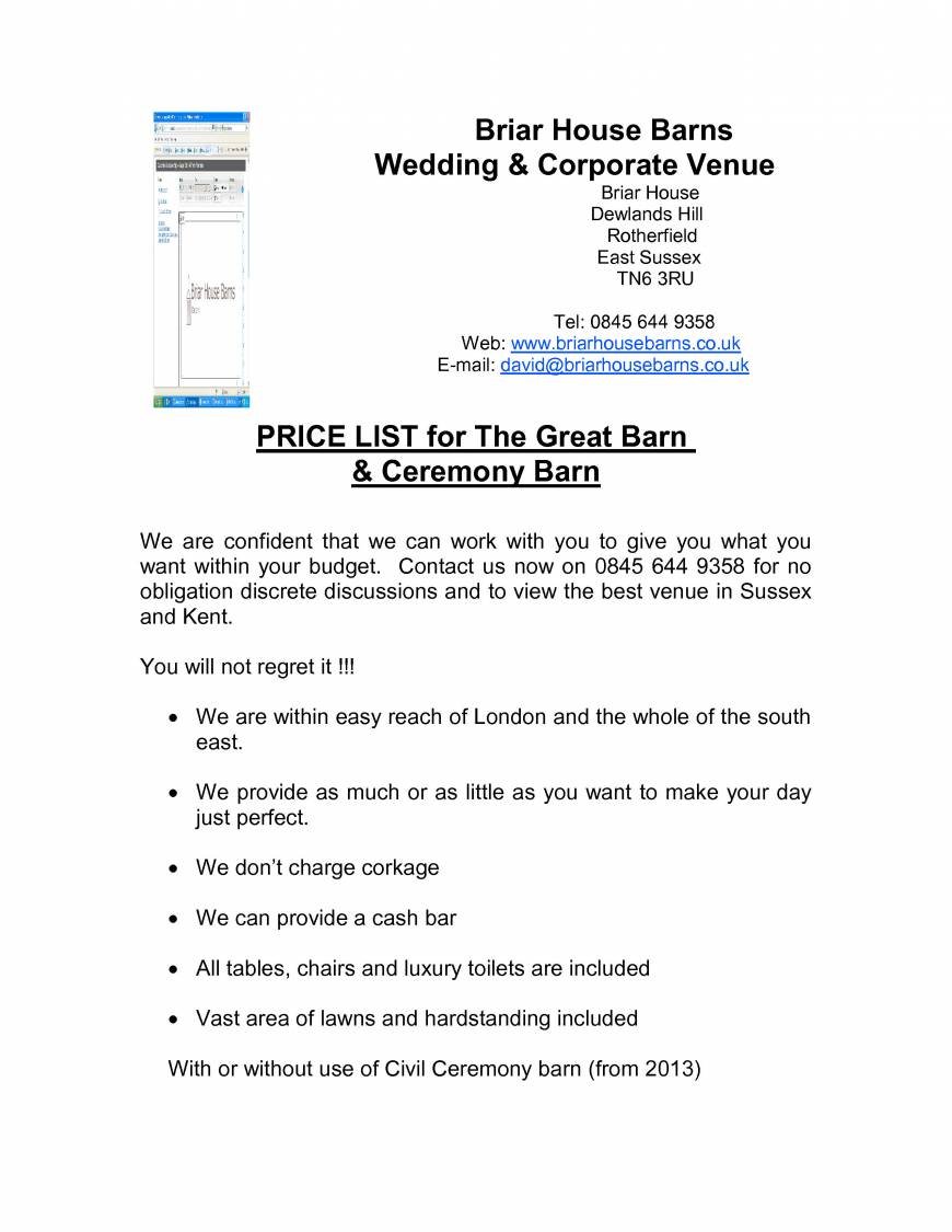  Pricelists of Briar House Barns Wedding Venue Dewlands Hill - Photo 1 of 1