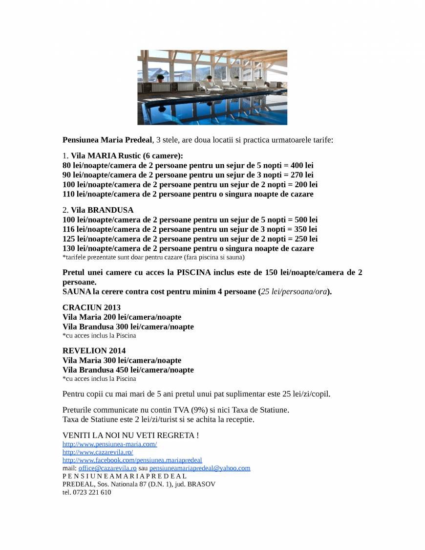  Pricelists of Pensiunea Maria Predeal Predeal, Sos. Nationala 87 - Photo 1 of 1