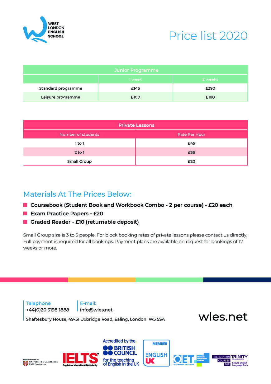  Pricelists of West London English School Shaftesbury House  49 - 51 Uxbridge Road, - Photo 2 of 2