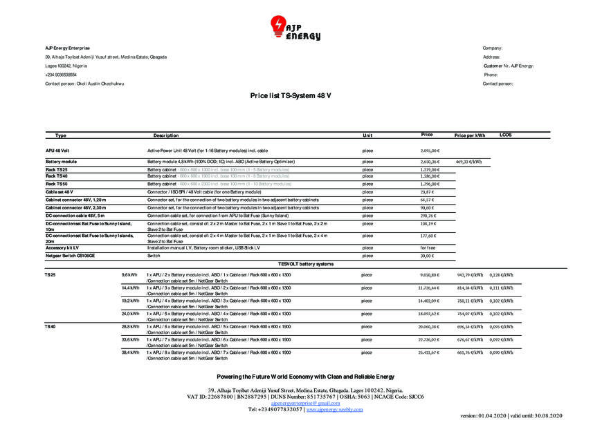  Pricelists of AJP Energy Enterprise 39, Alhaja Toyibat Yusuf Adeniji Street, Medina Estate, Gbagada, Medina Estate Gbagada - Photo 3 of 5