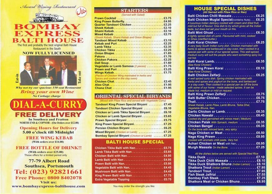  Pricelists of Bombay Express Balti House 77-79 Albert Rd, Southsea - Photo 1 of 2