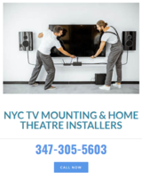 Two professional workmen installing a large TV monitor and audio system NYC TV Mounting & Home Theatre Installers 415 E 73rd St.,  Apt. 2E. 