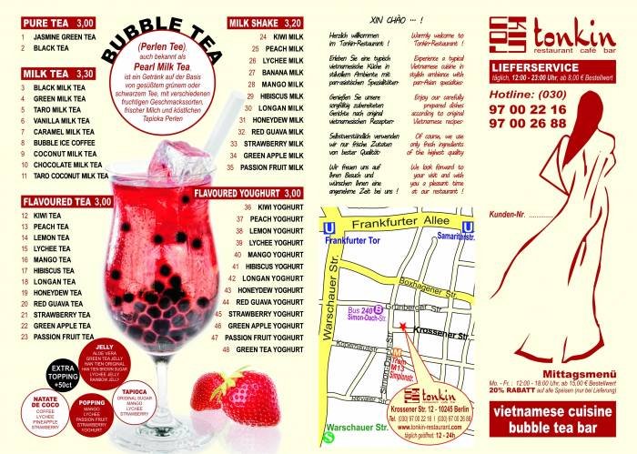 Flyer Front ....Menu to Download of Tonkin - Vietnamese Cuisine - Bubble Tea Bar Krossener Str. 12 - Photo 1 of 2
