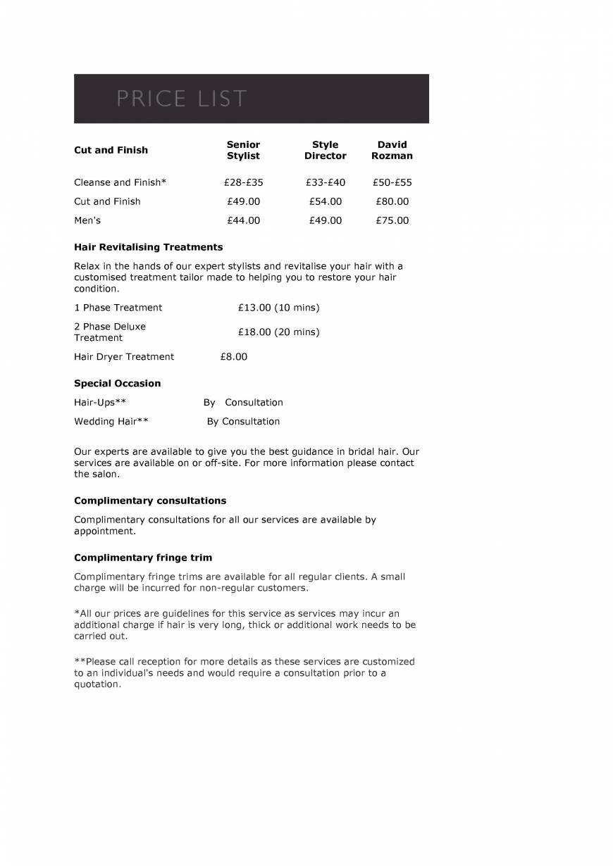  Pricelists of David Rozman Hair 28 Queen Street, Alexandra Buildings - Photo 1 of 3