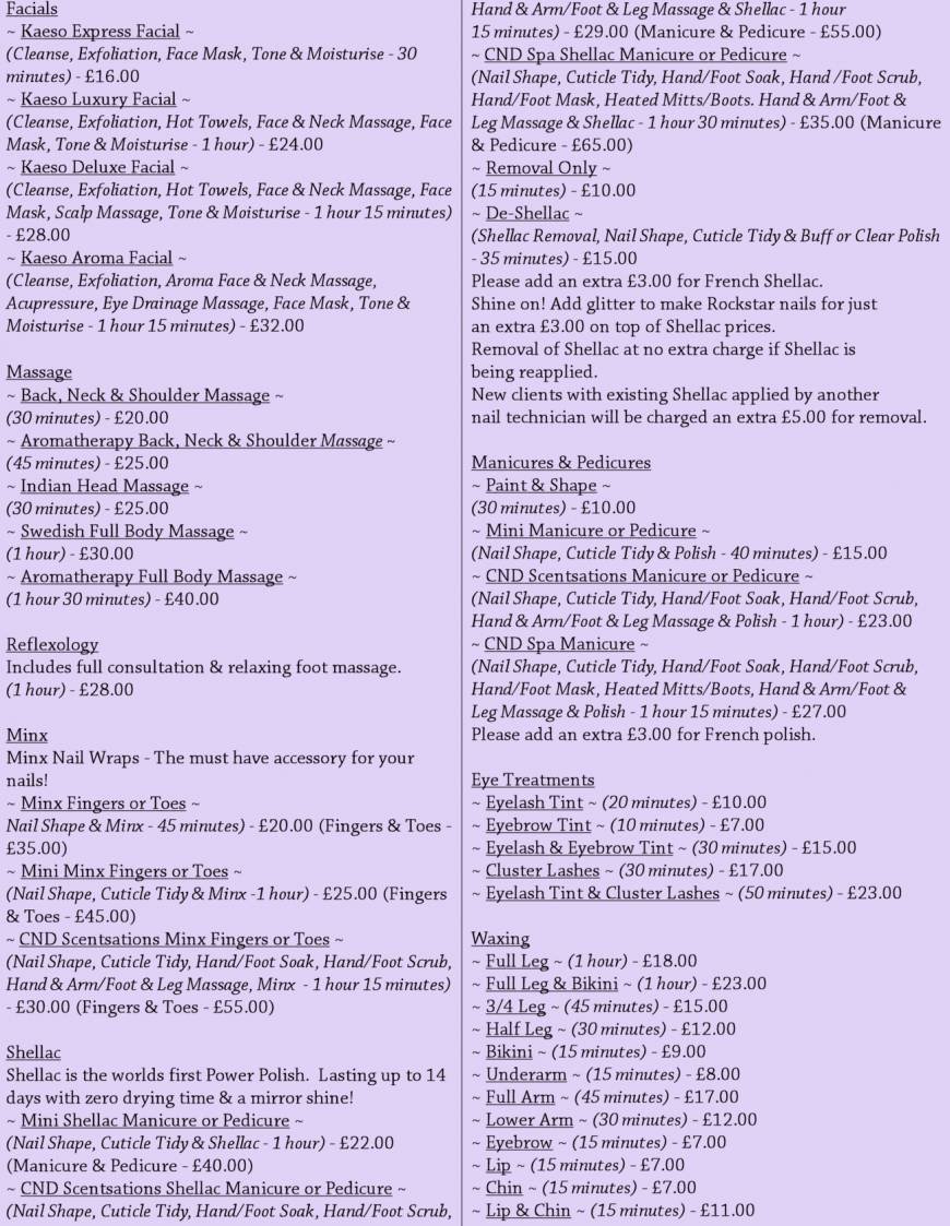  Pricelists of Enchanting Beauty Mobile Beauty & Holistic Therapist Mobile Beauty & Holistic Therapist - Photo 1 of 1