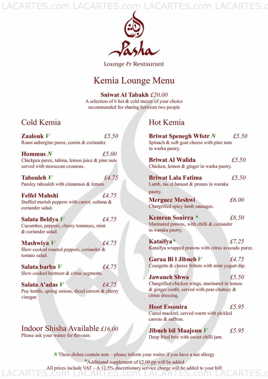  Pricelists of Pasha Restaurant & Lounge 1 Gloucester Road - Photo 2 of 17