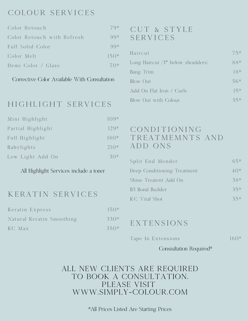  Pricelists of Simply Colour Hair Salon Studio by Dean Downing 26847 Foggy Creek Road, Suite 102 - Photo 2 of 2