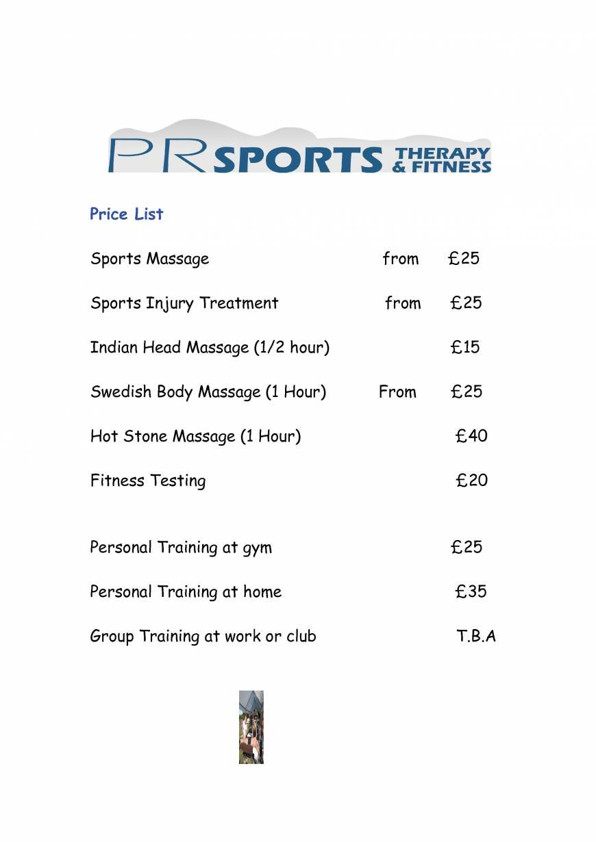  Pricelists of PR Sports Therapy & Fitness 129 Carlton Road - Photo 1 of 1