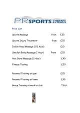 Menus & Prices, PR Sports Therapy & Fitness, Northwich