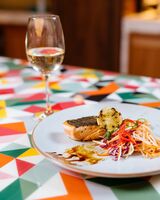 Teriyaki brushed salmon fillet, soba, burnt baby leek & miso emulsion James St Bar + Kitchen 100 James Street, Ground Floor 