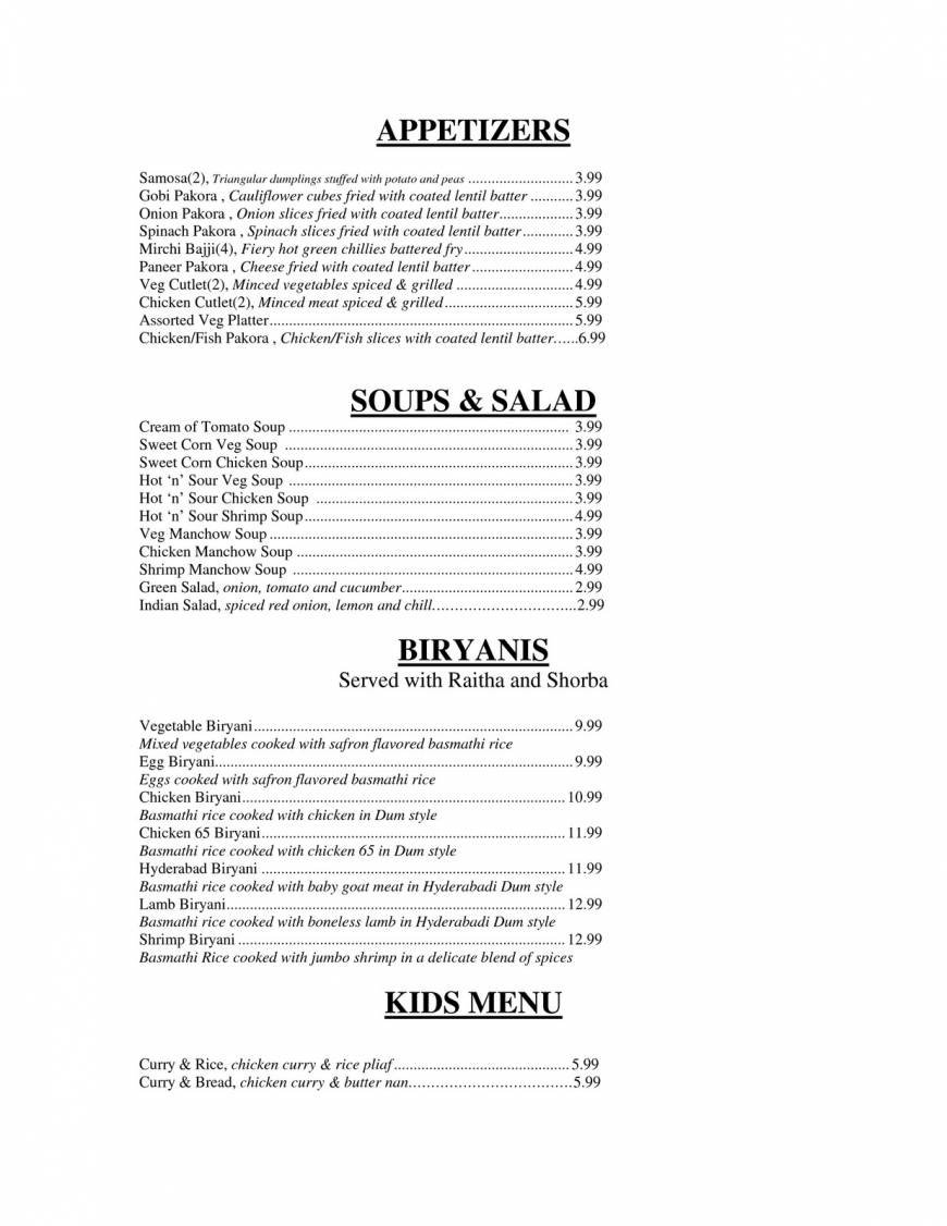 Pricelists of Chilli N Spice Indian Bistro 8562 West 133rd Street - Photo 1 of 5