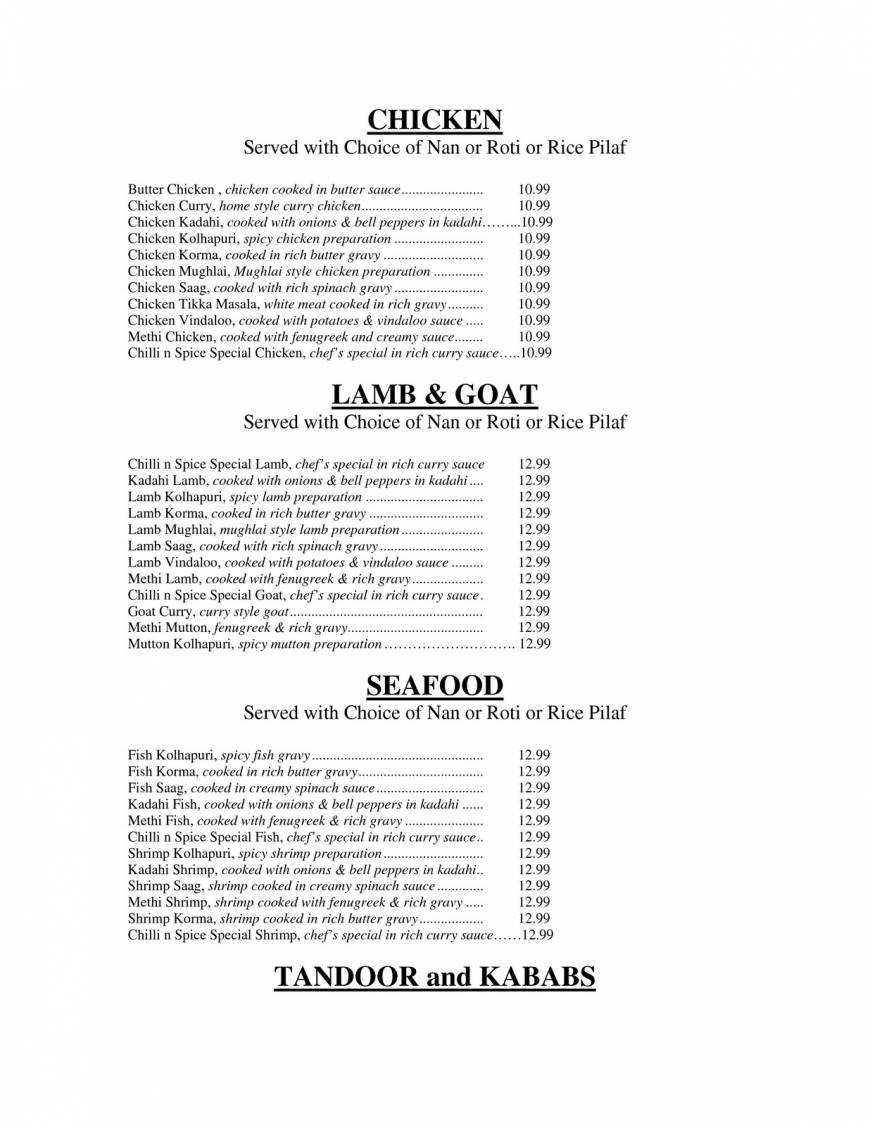 Pricelists of Chilli N Spice Indian Bistro 8562 West 133rd Street - Photo 2 of 5