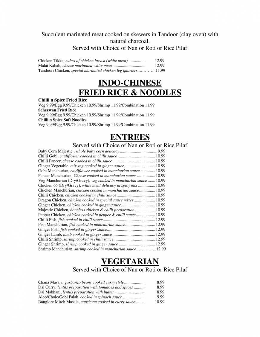  Pricelists of Chilli N Spice Indian Bistro 8562 West 133rd Street - Photo 3 of 5