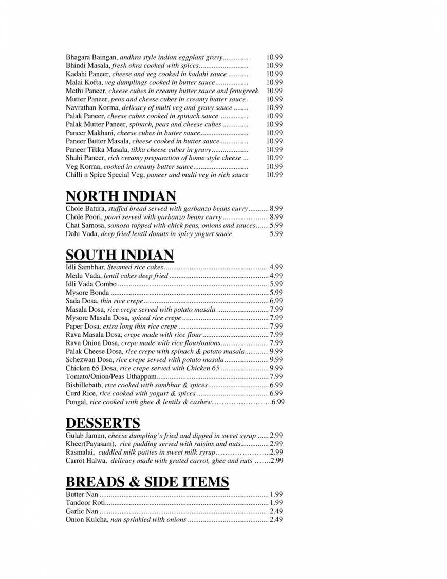 Pricelists of Chilli N Spice Indian Bistro 8562 West 133rd Street - Photo 4 of 5