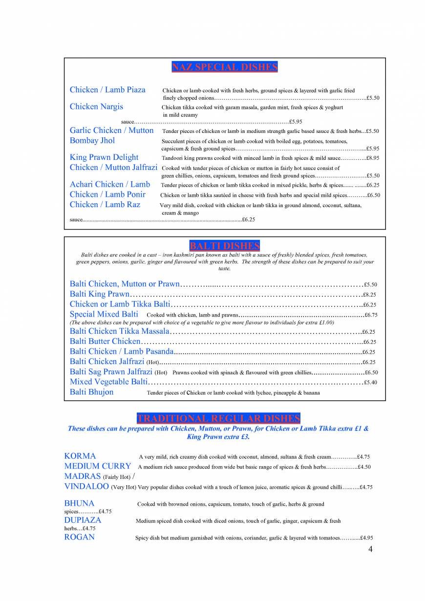  Pricelists of Naz Balti Indian & Bangladeshi food take away & delivery 113 High Street - Photo 2 of 8