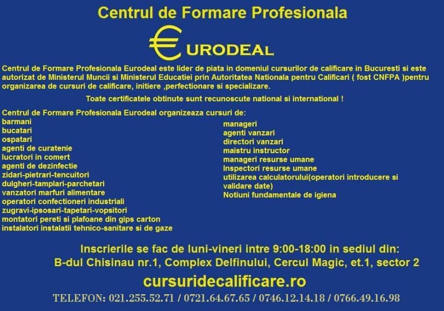  Pricelists of Centrul de Formare Profesionala Eurodeal B-dul Chisinau nr. 1, Complex Delfinului, Cercul Magic, et.1, sector 2 - Photo 1 of 1