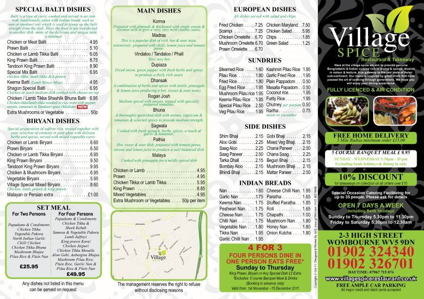  Pricelists of Village Spice Restaurant & Takeaway 2-3 High Street   - Photo 1 of 2