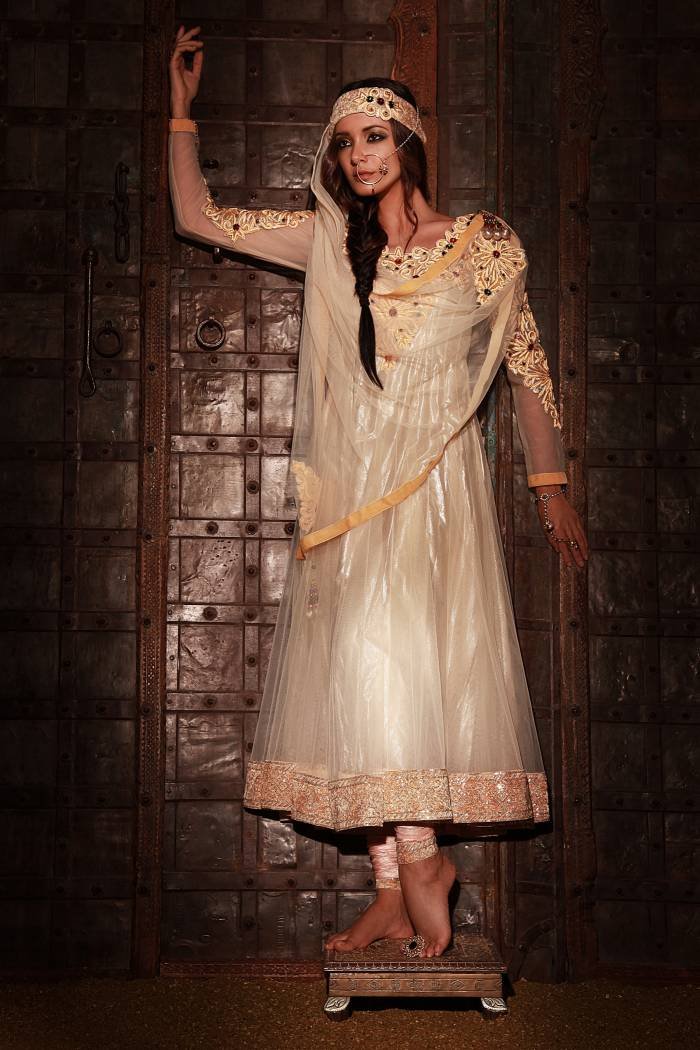 LIGHT GOLD TULLE NET ANARKALI WITH CUTWORK EMBROIDERY IN STONES, BEADS  New 2013 Collection of SF Collection 4 Highfield - Photo 7 of 9