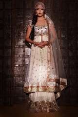 OFF WHITE GEORGETTE FLOWY LENGHA WITH TISSUE FRILL EDGE, SEQUENCE BORDER, LONG JACKET WITH CHANTILLY LACE BODICE IN ZARDOSI RAISED EMBROIDERY, SF Collection, Watford