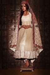 OFF WHITE TULLE NET ANARKALI, BROCADE LINING, CHANTILLY LACE BORDER WITH PEARLS, CUTWORK BODICE, KASHMIRI THREAD-WORK BORDERED DUPUTTA, SF Collection, Watford
