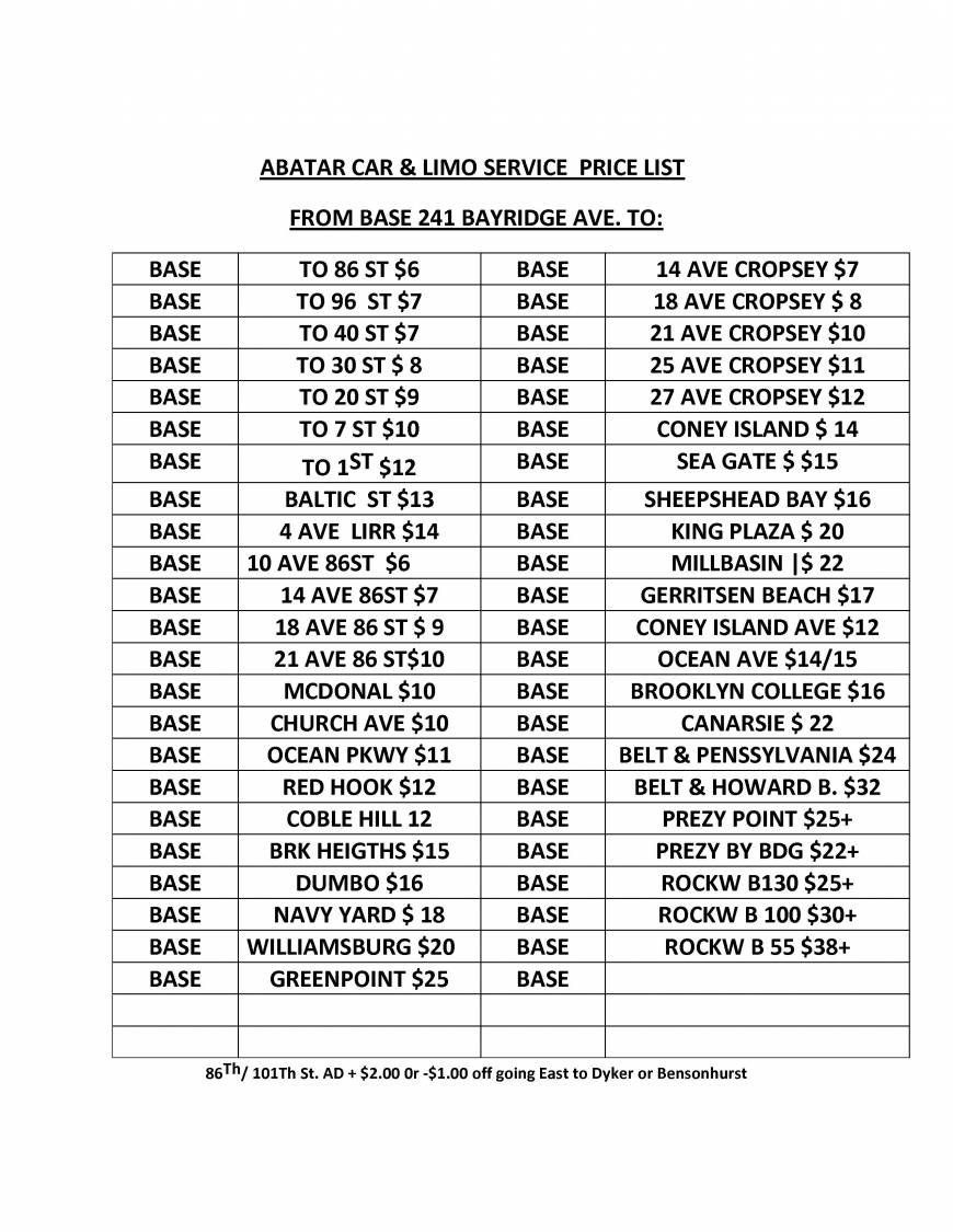  Pricelists of Abatar Limo and Car Service 241 Bay Ridge Avenue - Photo 1 of 5