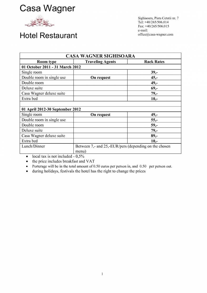  Pricelists of Hotel Casa Wagner Piata Cetatii 7 - Photo 1 of 1