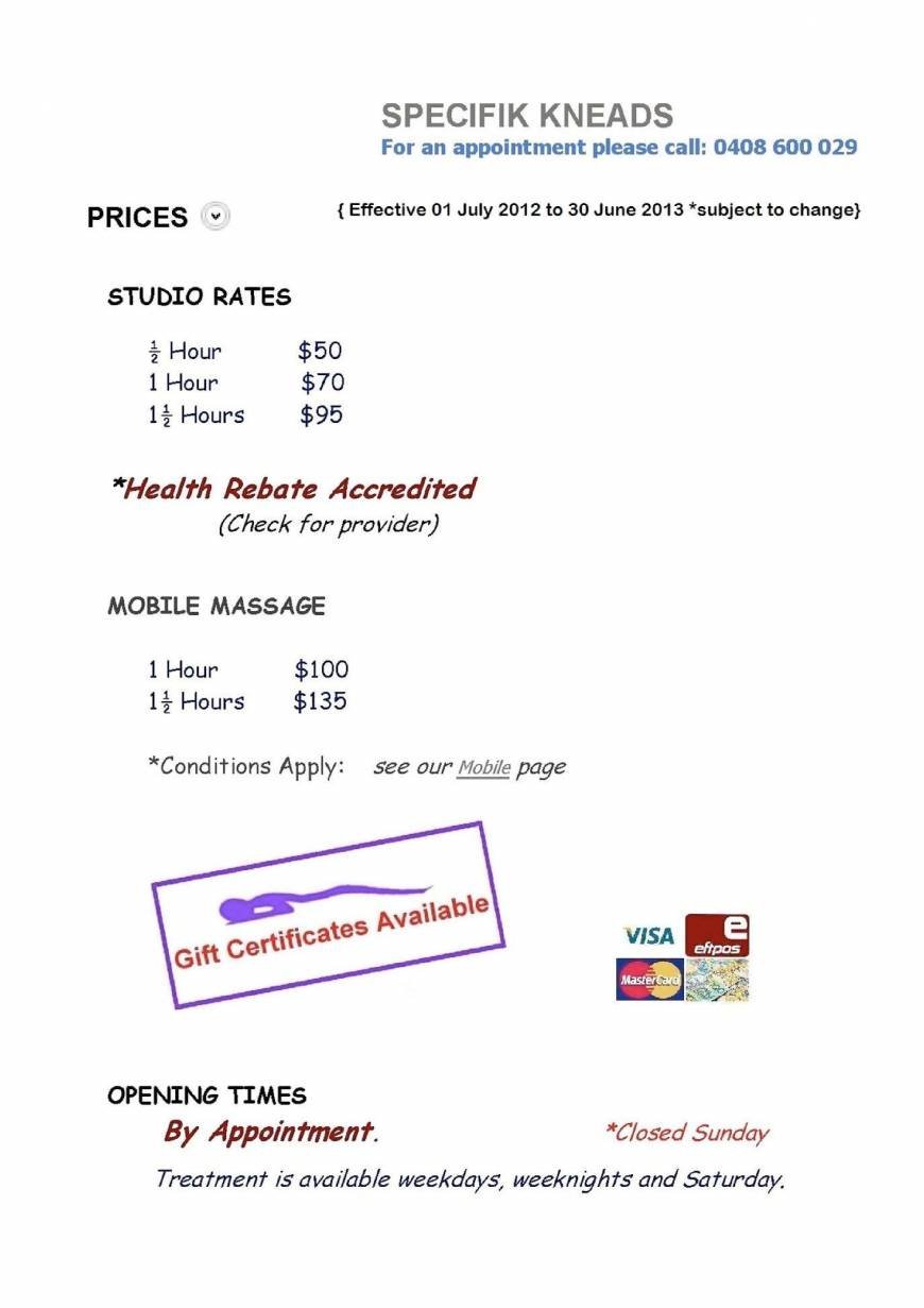  Pricelists of Specifik Kneads Massage Therapy 786 Nepean Highway - Photo 1 of 1
