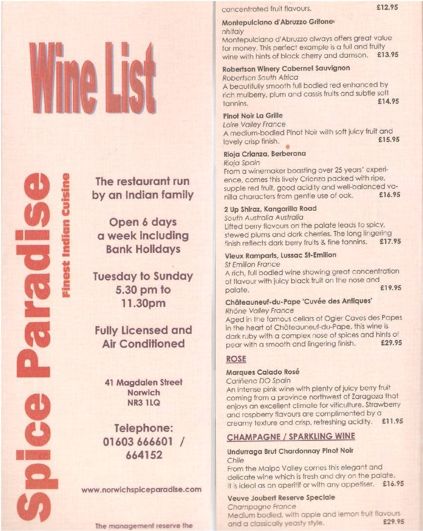 Pricelists of Spice Paradise 41 Magdalen Street   - Photo 1 of 2