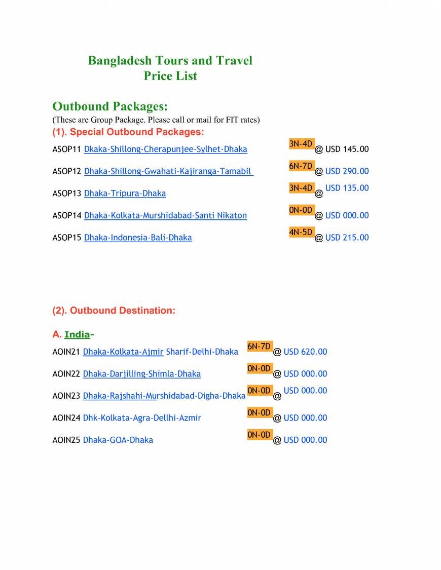  Pricelists of Bangladesh Tours and Travel House-31, Road-3, Sector-3, Uttara - Photo 1 of 4