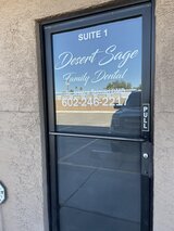 Signage on the front entrance door at Phoenix dentist Desert Sage Family Dental Desert Sage Family Dental 2236 W Bethany Home Rd Suite 1 
