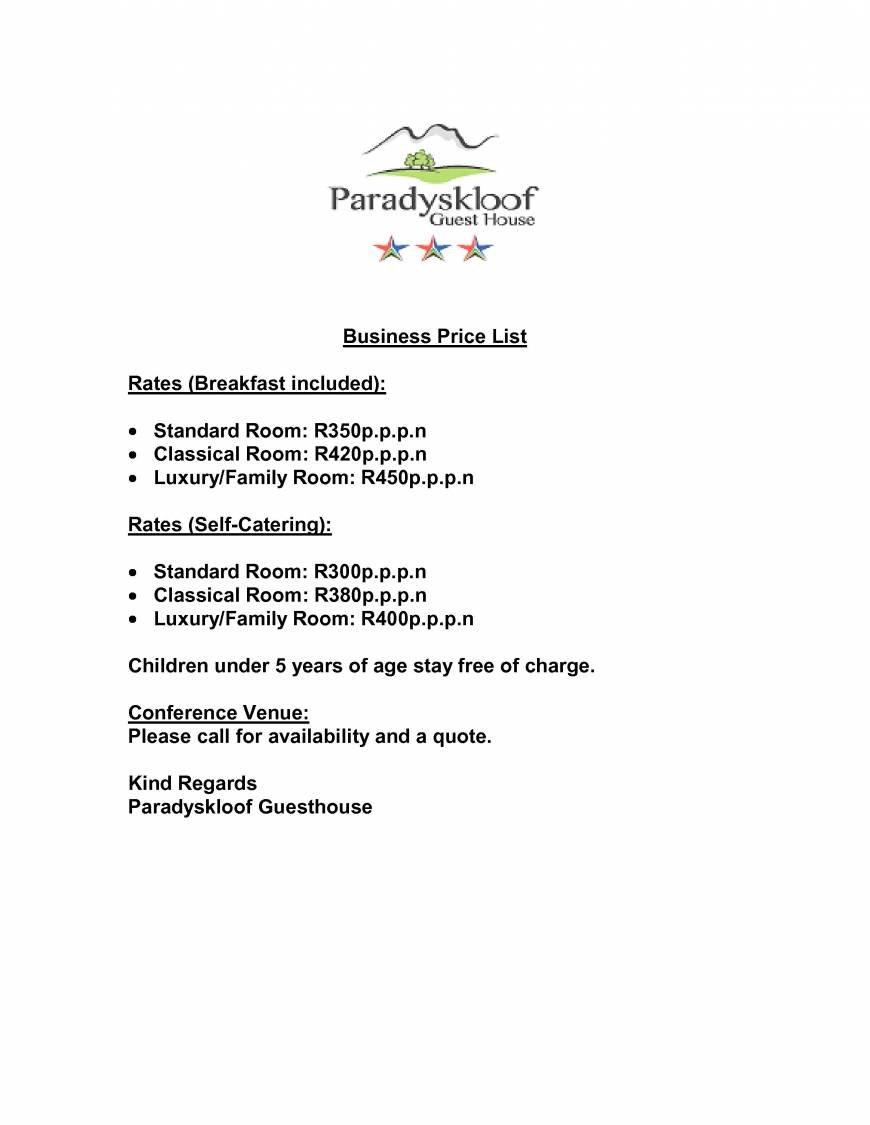  Pricelists of Paradyskloof Guesthouse Kabouterbos Farm - Photo 1 of 1