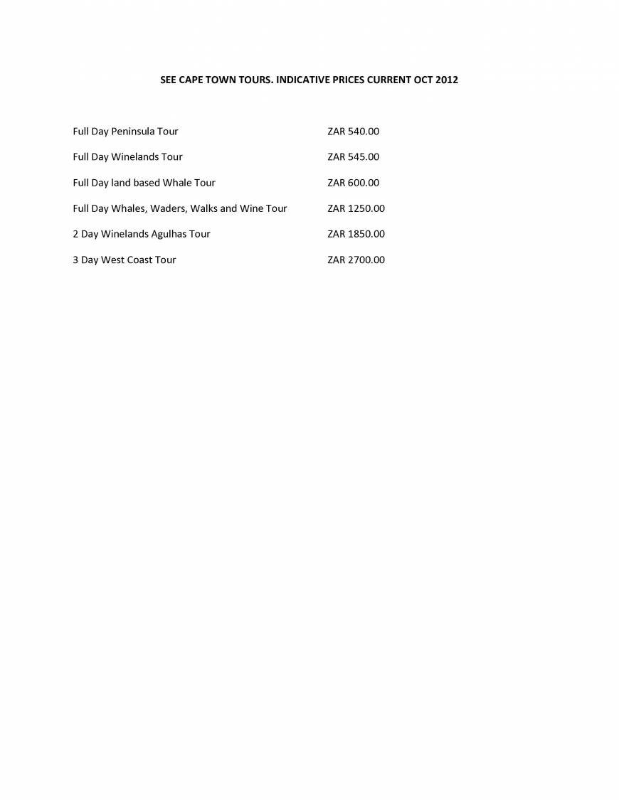  Pricelists of See Cape Town Tours 7 Bromyard Road - Photo 1 of 1