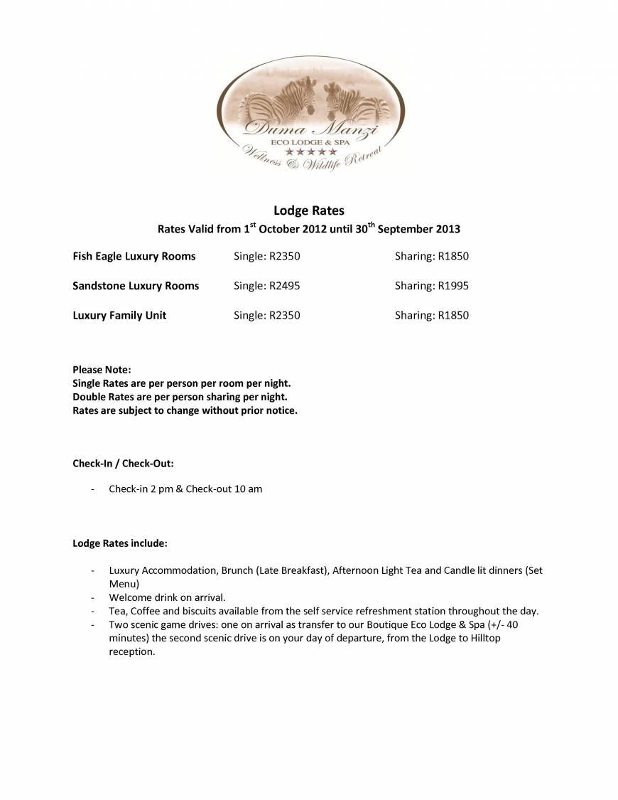  Pricelists of Duma Manzi Eco Lodge & Spa D60 Richmond - Photo 1 of 2