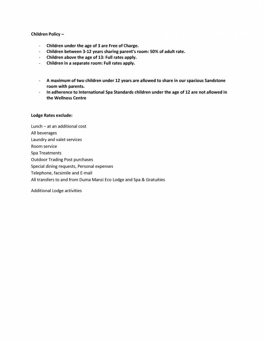  Pricelists of Duma Manzi Eco Lodge & Spa D60 Richmond - Photo 2 of 2